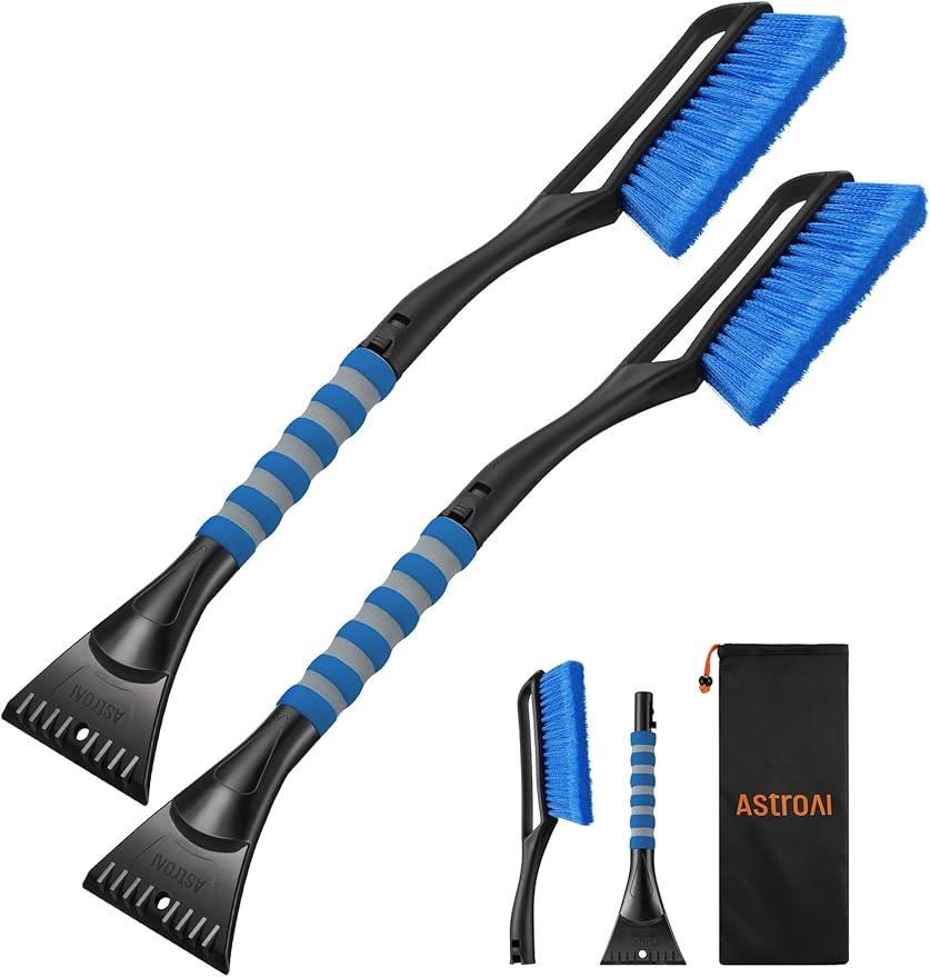 AstroAI 2 Pack 27" Snow Brush and Ice Scrapers for Car Windshield, Detachable Snow Scrapers with Ergonomic Foam Grip for Cars, Trucks, SUVs (Heavy Duty ABS, PVC Brush, Orange)
