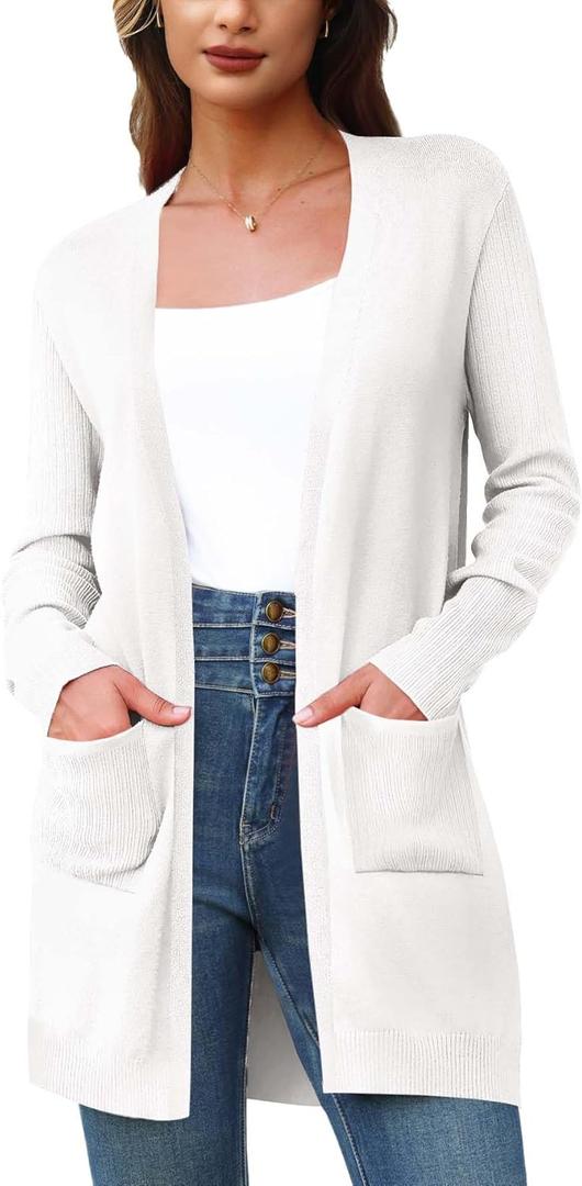 BB&KK Cardigan Sweaters for Women Knit Ribbed Long Sleeve Open Front Casual Winter Lightweight Cardigans with Pockets (White, L)
