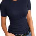 Womens Crewneck Short Sleeve Ribbed T-Shirt Slim Fit Tops Solid Basic Tee, Medium