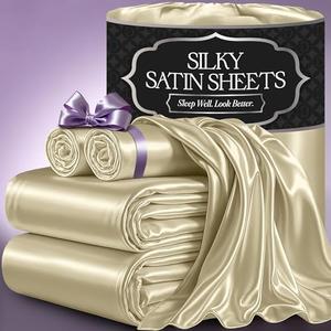 DECOLURE Satin Bed Sheets - 4 Piece Luxury Silky Queen Size Bedding Set - Softer Than Silk, Wrinkle-Free with 15” Deep Pocket Fitted Sheet, Perfect for Hair & Skin, Gifts for Women (Champagne)