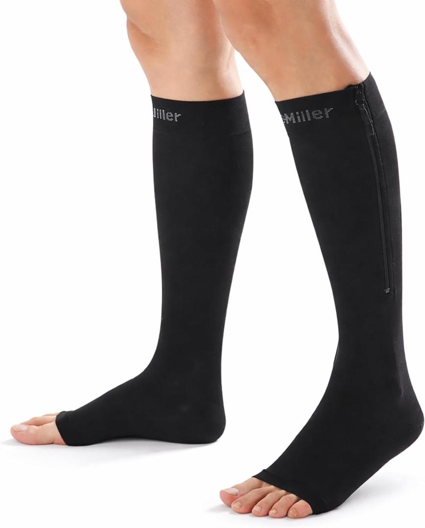 Doc Miller Compression Socks with Zipper Open Toe Knee High 15-20 mmHg Compression Stockings for Women & Men, Wide Calf, All-Day Circulation Support for Swelling, Travel, Work & Pregnancy - 1 Pair, Large