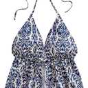 Verdusa Women's Floral Print Backless Ruffle Hem Cami Top Sleeveless Layered Halter Camisole (Medium, Blue and White)