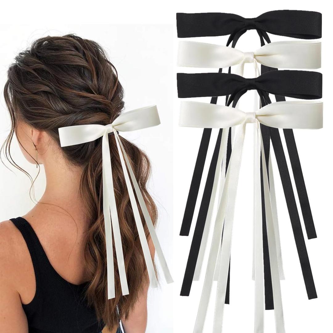 4Pack Satin Hair Bow Clips with Long Tail, Bowknot Ribbon Tassel Hair Clip, Bridal Hair Accessories Gift for Women Girls