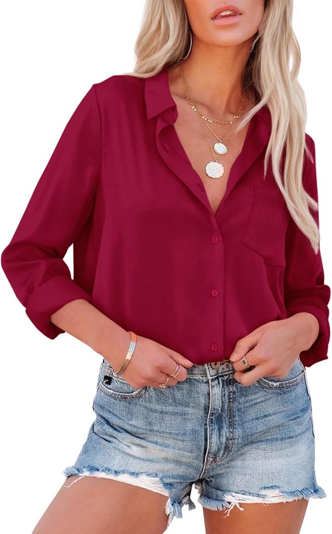 Aoudery Button Down Shirts for Women Long Sleeve Collared Blouses V Neck Work Business Office Tunic Chiffon Tops (XS)