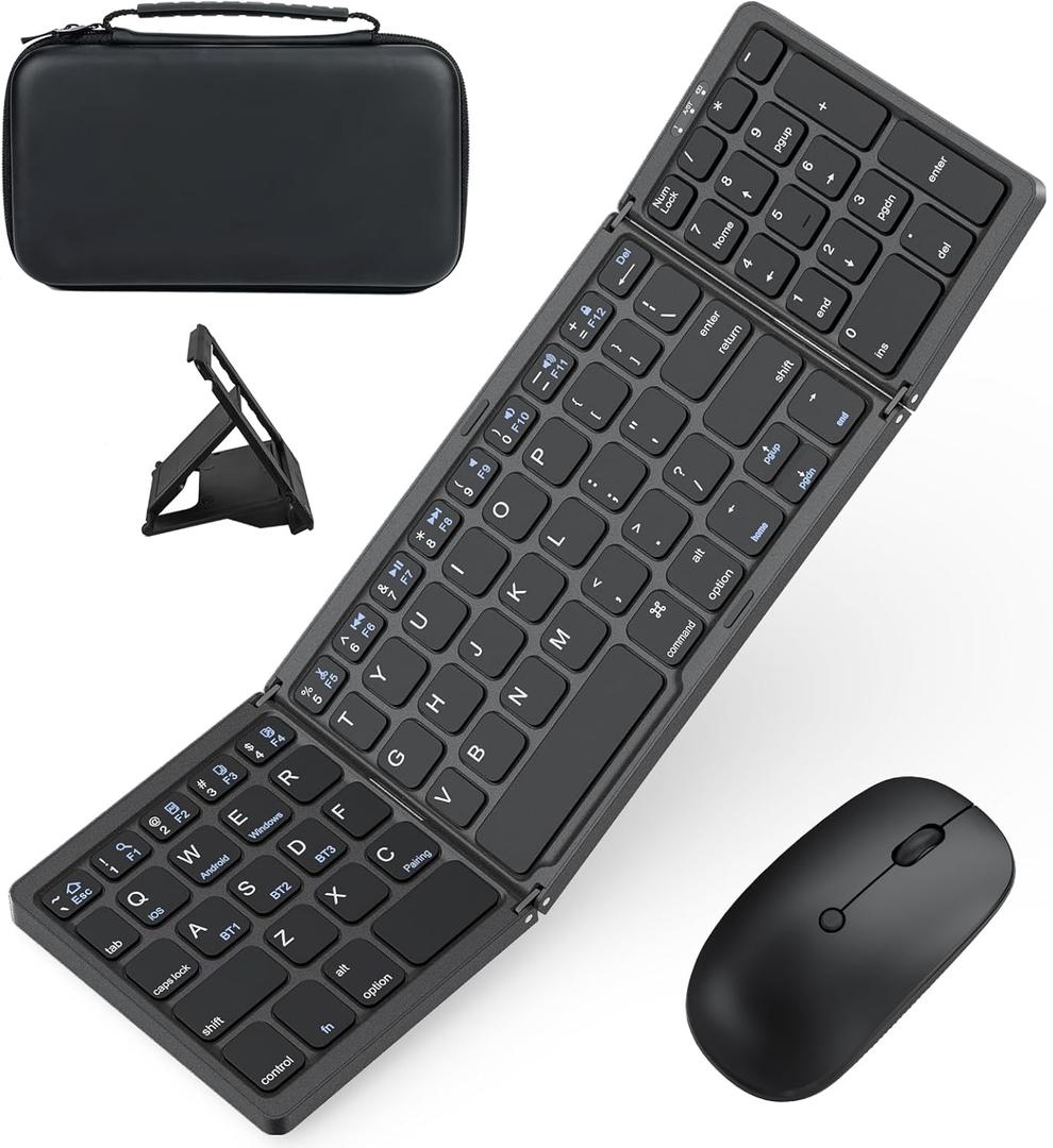 Foldable Keyboard and Mouse for Laptop, Travel Bluetooth Folding Keyboard Mouse with Portable Case, Rechargeable Keyboard for Business, 2.4G & Bluetooth, for iPad Tablets Laptop iOS Android - Black