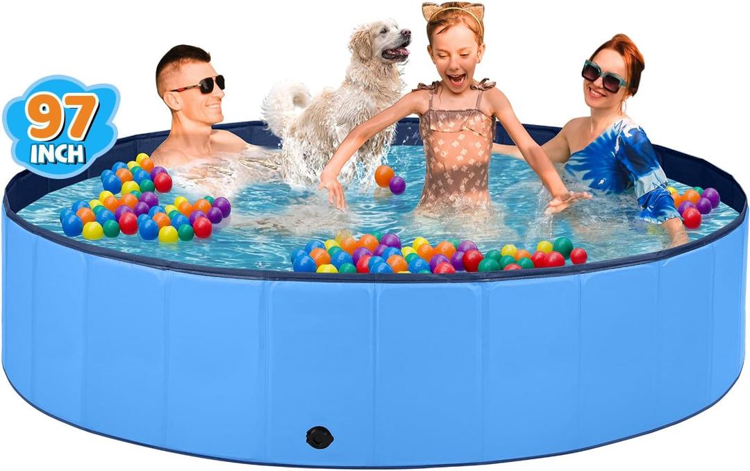 Jecoo Dog Pool for Large Dogs Kiddie Pool Hard Plastic Foldable Dog Bathing Tub Portable Outside Kids Swimming for Pets and Dogs Outdoor Backyard (4XL-97"x16", Blue)