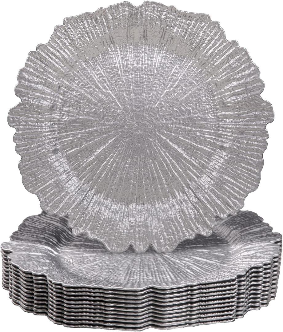MAONAME Silver Charger Plates Set of 12, Reef Plate Chargers for Dinner Plate, Plastic Decorative Plates for Table Setting, Thanksgiving, Christmas