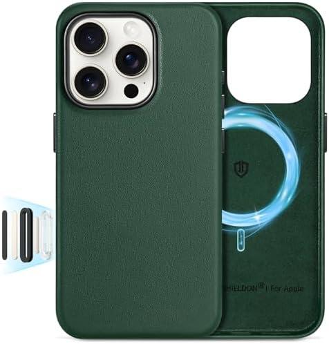 SHIELDON Genuine Leather Case for iPhone 16 Pro 6.3", Compatible with MagSafe, [Camera Button Updated], Magnetic Wireless Charging Slim Shockproof Protective Case with Camera Bump - Midnight Green
