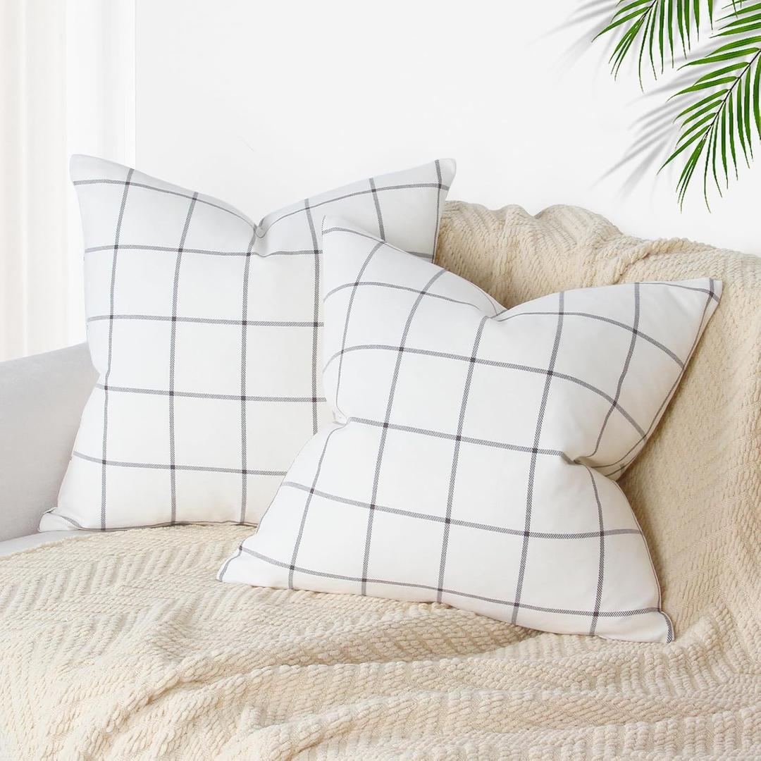Basic Model Cotton Plaid Pillow Covers 18x18 Inch Set of 2 Decorative Farmhouse Plaid Cotton Pillowcases Soft Cotton Plaid Cushion Covers for Sofa Couch, Off White