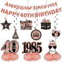 11Pcs 40th Birthday Decorations Kit for Women, Rose Gold Happy 40th Birthday Banner, Awesome Since 1985 Centerpieces Swirls Party Supplies, Forty Bday Banner Ceiling Table Topper Sign