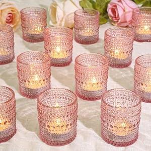 SUPMIND 24 Pcs Votive Candle Holders, Glass Holders Bulk for Table Centerpiece, Tea Lights Candle Holders for Wedding Shower, Party and Home Decor Pink