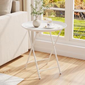 Garden 4 you Folding TV Tray Table, Metal Round Side Table, White Dinner Table with Metal Frame, Modern Outdoor Tray Table for Living Room, Bedroom, Patio & Small Spaces, 1 Pack