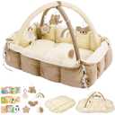 5-in-1 Baby Play Gym and Tummy Time Mat, 12 Learning Cards, Plush Activity Mat with 6 Toys, Baby Gym, Convertible to Ball Pit, Baby Gift, Cream