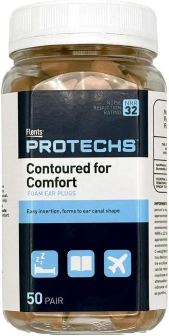 Flents Protechs Foam Ear Plugs, Contoured for Comfort, Ideal for Work with Loud Noise, Heavy Machinery, Construction, Studying & Traveling, NRR 32, Beige, Easy to Use, Made in The USA, 50 Pair