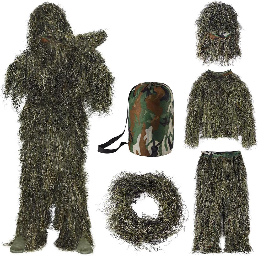 Seeutek 5 in 1 Ghillie Suit - 3D Camouflage Hunting Suits - Jacket, Pants, Hood, Carry Bag for Adults & Youth, M/L/XL/XXL