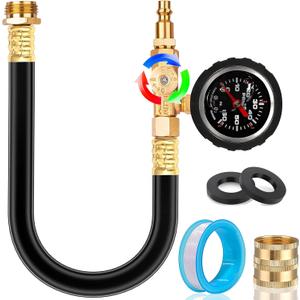Upgraded RV Water Blow Out Winterizing Kit Sprinkler Winterization Hose with Oil Filled Pressure Gauge Compressor Winterize Adapter Plug, for Camper, Boat, Travel Trailer, Motorhome, Faucet