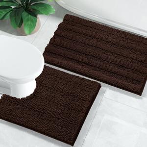 Yimobra Bathroom Rugs Sets 2 Piece, Soft Absorbent Chenille Bath Mat and U-Shaped Toilet Rug, Non Slip Machine Washable Quick Dry, Plush Shower Rugs for Bathroom Floor, 24"x17"+24"x20", Brown