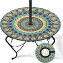 Boho Round Outdoor Tablecloth with Umbrella Hole, Green Fitted Table Cover with Zipper, Outdoor Camping Essentials, Waterproof Umbrella Table Cloth with Elastic (45''-54'')