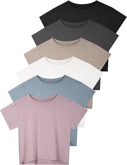Dalavch 6 Pack Women's Crop Top Short Sleeve Athletic Workout Yoga Running Gym Casual Tees T-Shirts Loose Fit, Medium