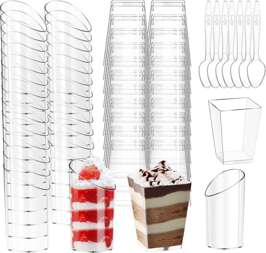 mwellewm 150 Packs Mini Dessert Cups with Spoons, Clear Plastic Dessert Parfait Cups for Parties, Dessert Shooters Fruit Ice Cream Pudding Appetizer Cups (Oval, Square,3oz, 5oz)
