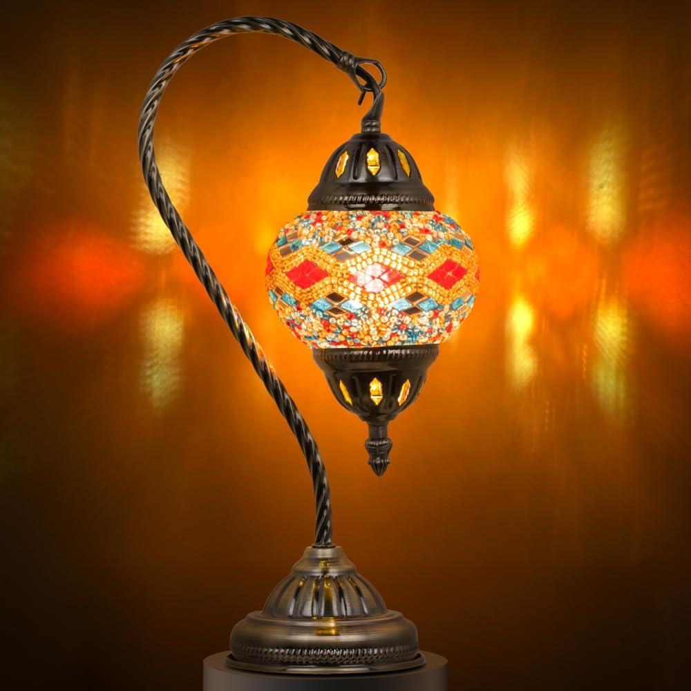Marrakech Stained Glass Lamp Turkish Table Lamp with Tiffany Style, Handmade Moroccan Mosaic Lamps Vintage with Swan Neck Bronze Base Including LED Bulb for Living Room Bedroom Decor (Colorful3)