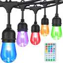 48FT Outdoor Patio Lights Waterproof Dimmable with Remote, RGB Cafe LED String Light with 15 Shatterproof Bulbs for Bistro Party, Patio, Garden, Wedding Decor