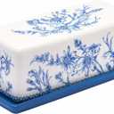 Bico Blue Garden Toile De Jouy Ceramic Butter Dish with Lid, Wide Butter Keeper for Counter, Kitchen Countertop, Microwave and Dishwasher Safe