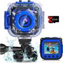 PROGRACE Pool Toy & Kids Underwater Camera - IP68 Waterproof Action Camera for Boys Ages 3-12, 1080P Video, 32GB Card, Mount for Bike & More, Birthday Gift for Diving, Swimming, Riding, Snorkeling (Blue)