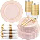 Liacere 350PCS Pink Plates Disposable - Pink and Gold Plates 50guest Baroque Plastic Dinnerware include 100Plates, 50Pack Pre Rolled Napkins with Silverware 50Cups Perfect for Wedding＆Mother's Day