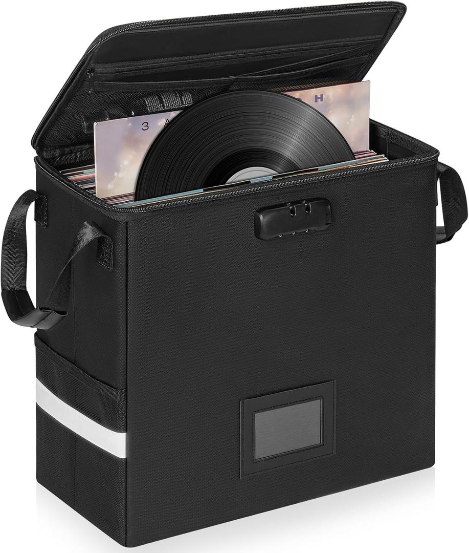 IBVIVIC Fireproof Vinyl Record Storage Box, Record Storage Organizer with Lock Fireproof Record Case for 50+ 7/10/12 Inch Single Vinyl Records Large Capacity File Storage Organizer, Small (13.5"x6.7"x13.5")