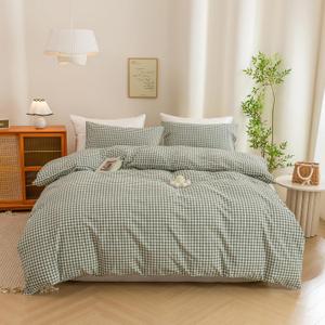 ECOCOTT Green Gingham Duvet Cover Queen Size 100% Washed Cotton Like Linen Feel Super Soft & Comfy Bedding Set Modern Checkered Design for All Seasons