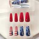 2 x Long Press on Nails Independence Day Fake Nail Red Blue Stripe Star Design False Nails Glossy National Flag Glue on Nails Summer Coffin Shape Acrylic Nails Artificial Stick on Nail for Women