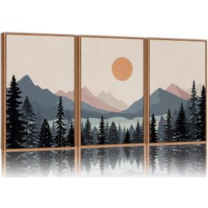 Tinonedraw Boho Mountain Framed Canvas Wall Art Set of 3, Watercolor Nature Landscape Art Prints, Modern Sunrise Art Paintings, Black Pines Tree Forest Wall Decor for Living Room Bedroom Office 16"x24"x3