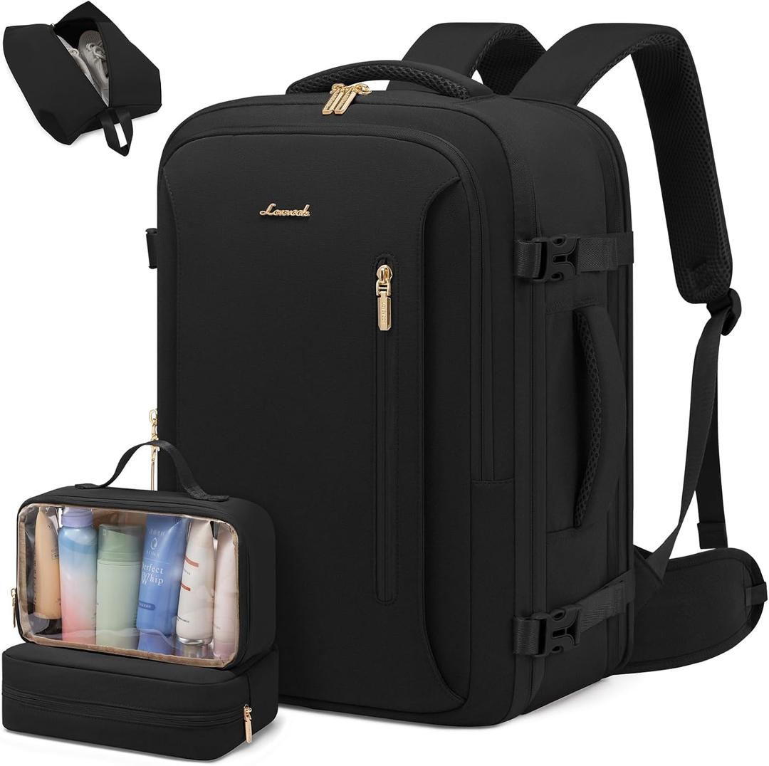 LOVEVOOK Travel Backpack For Women,52L Carry On Backpack Flight Approved, TSA Personal Item Travel Bag Fits 18.3 Inch Laptop, Business Weekender Overnight Daypack with Toiletry Bag and Cubes (Black)