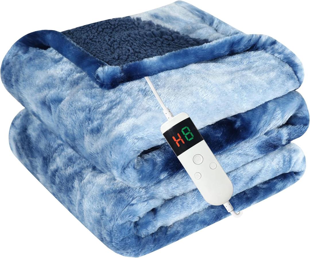 Cushious Electric Heated Blanket King 90''x100''Size Faux Fur Heating Blanket 10 Heating Settings, 1-8h Timer & Overheat Protection, Machine Washable, Soft Flannel and Sherpa Full Body Warmth (Blue)