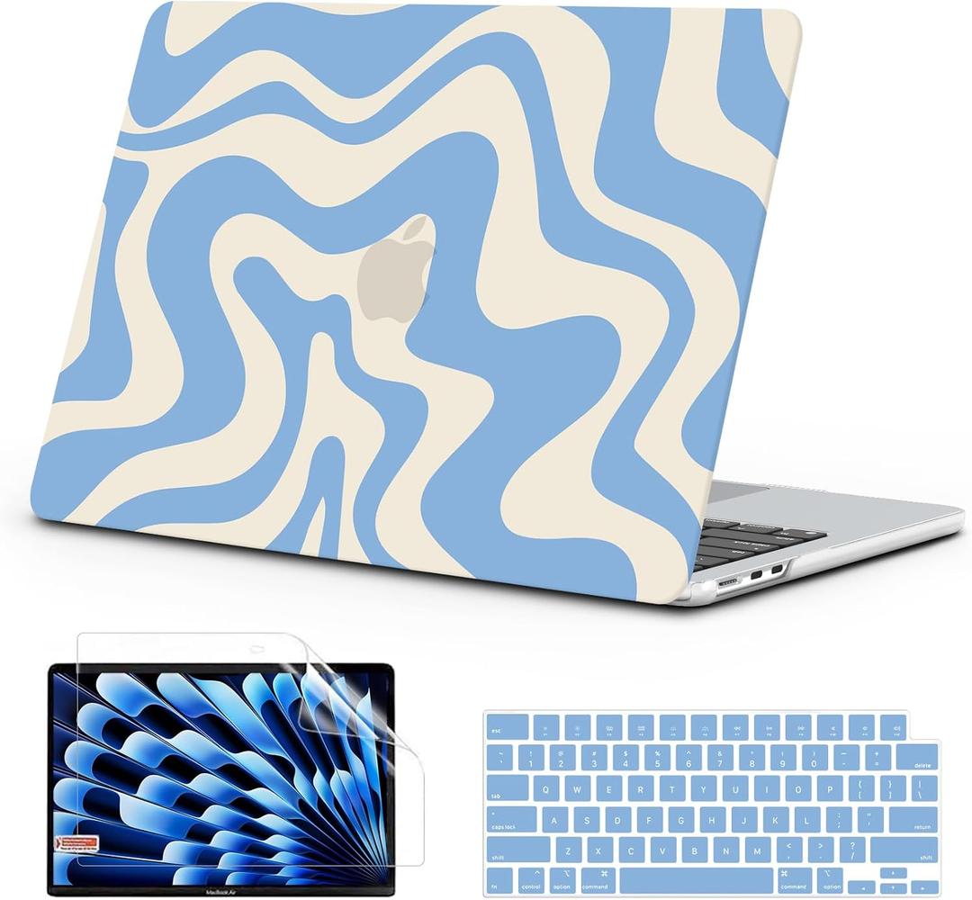 B BELK Compatible with MacBook Air 15 inch Case 2026 2025 2024 2023 M5 M4 M3 M2 A3448 A3241 A3114 A2941,Sturdy Plastic Hard Shell+Keyboard Cover+Screen Protector for Mac Air 15 inch Case, Blue Wave