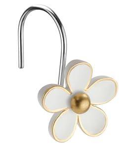 Cute Flower Shower Curtain Hooks, Pretty Floral Themed Elegant Bathroom Decor, Gold/ White