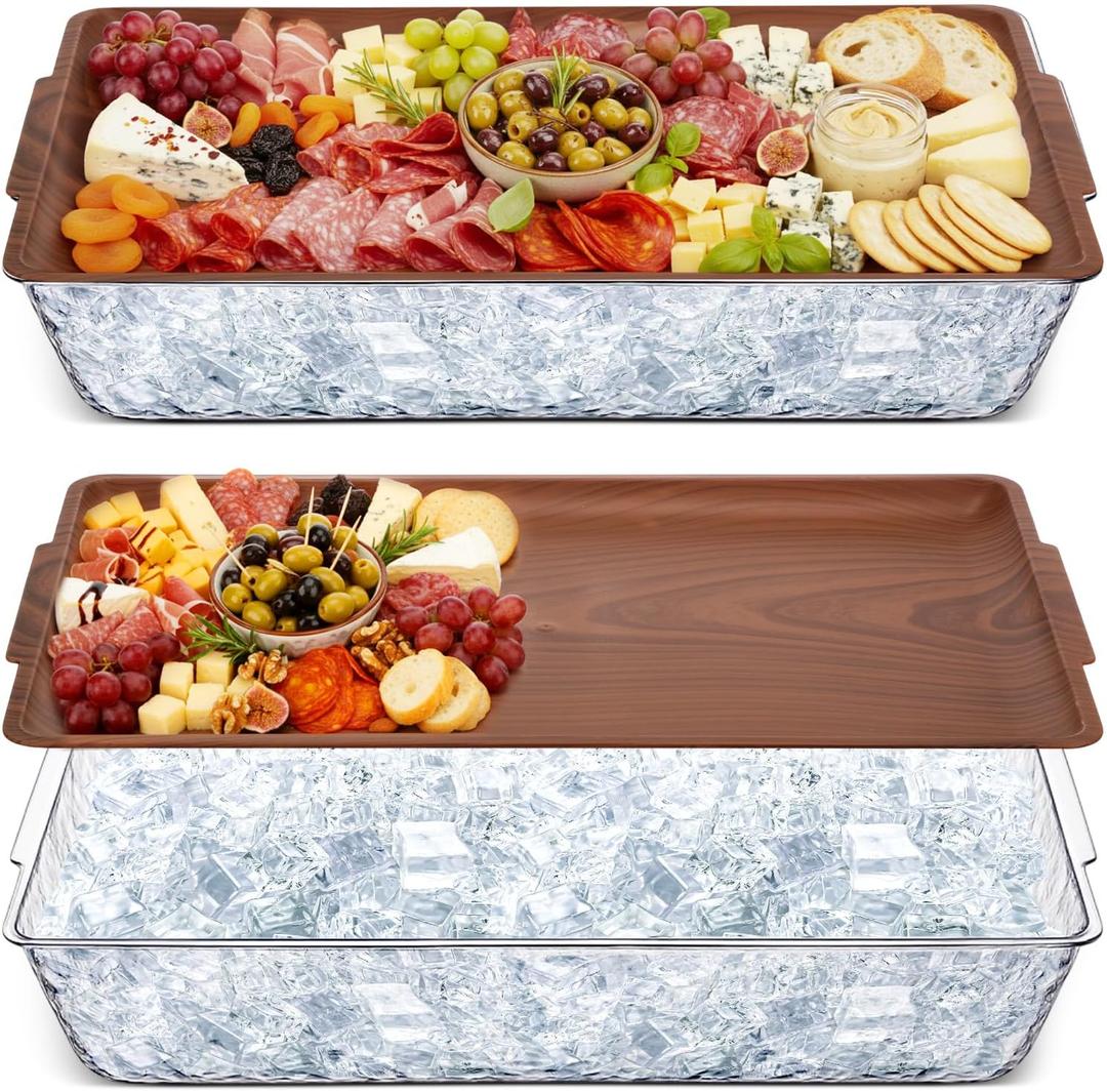 Baderke 2 Set 16" x 9" Plastic Chilled Serving Tray for Parties with Compartments Ice Chilled Party Platter Charcuterie Serving Board Cold Dish Dip for Fruit Seafood Vegetable Appetizer (Wooden Color)