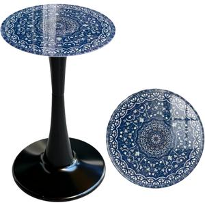 13.4" Outdoor Side Table, Round Patio Bistro Table Printed Tempered Glass Top, Waterproof Rust-Proof Base, Small Plant Stand for Balcony, Garden, Deck, 21.6" H (Blue Maze)