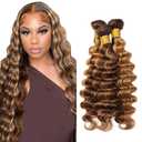 P4/27 Highlight Brown Bundles Human Hair Blonde Deep Wave Bundles 20 20 20 Inch 3 Bundle Brazilian Highlight Deep Wave Human Hair Extensions 50 Gram Per Bundle