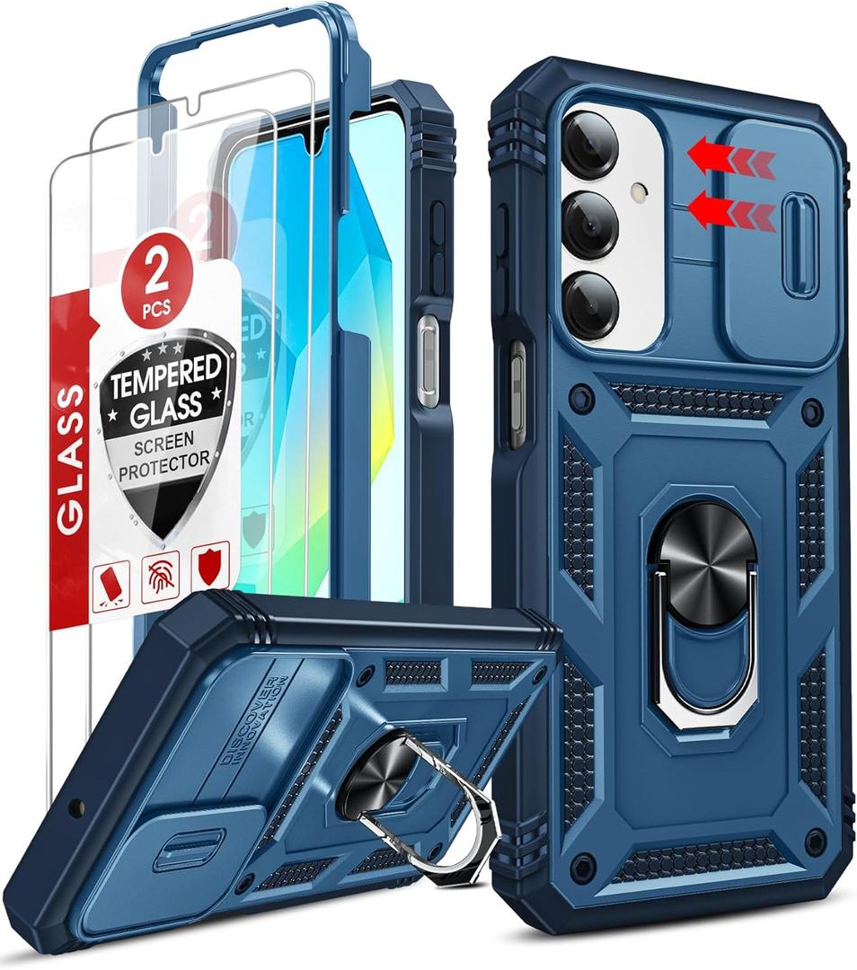 LeYi for Samsung Galaxy A17/16-5G Phone Case: Galaxy A17 Screen Protector Tempered Glass X 2 with Samsung A16 5G Case, Kickstand Heavy Duty Shockproof para Cell Phone Cover Galaxy A16 5G, Blue