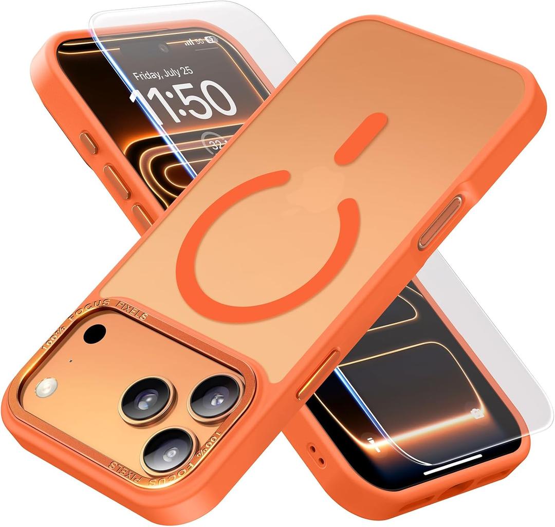 Stronger Magnetic & Shockproof for iPhone 17 Pro Case, Fit for MagSafe, Military-Grade Drop, with Screen Protector & Wrist Strap, Translucent Slim Phone case for iPhone 17 Pro Cover, Cosmic Orange