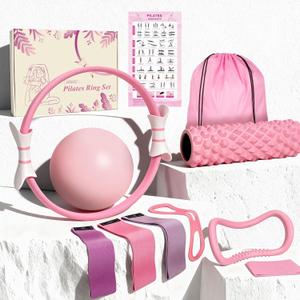Pink Pilates Ring Kit with 14 inch Magic Circle & Foam Roller, Ergonomic Home Workout Equipment Set, Full Essentials for Women Beginners - Includes Exercise Guide & Storage Bag