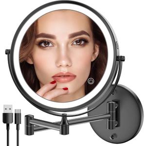 Rocollos Rechargeable Wall Mounted Lighted Makeup Mirror, 8 Inch Double-Sided LED Vanity Mirror 1X/10X Magnification,3 Color Lights Touch Screen Dimmable 360Swivel 13 Inch Extendable