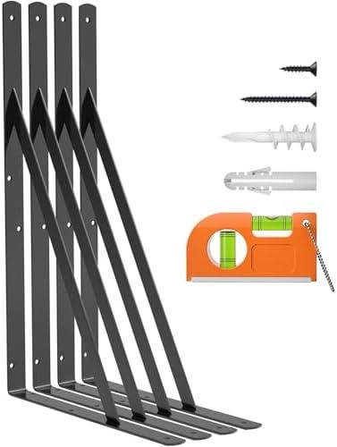 LuckIn 12-Pack Heavy Duty Shelf Bracket 18 Inch, Fit for 18 20 24 Inch Floating Shelves, L Brackets with 90 Degree Triangle, 250 LBS Max Load, Mounting Hardware Included, Black