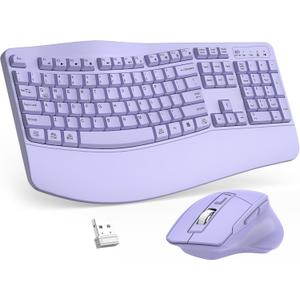 Wireless Keyboard and Mouse Combo, 2.4G Full Size Wave Keys Ergonomic Keyboard with Wrist Rest and 3-Level DPI Adjustable Wireless Ergonomic Mouse for Windows, Mac OS Desktop/Laptop/PC(Purple)