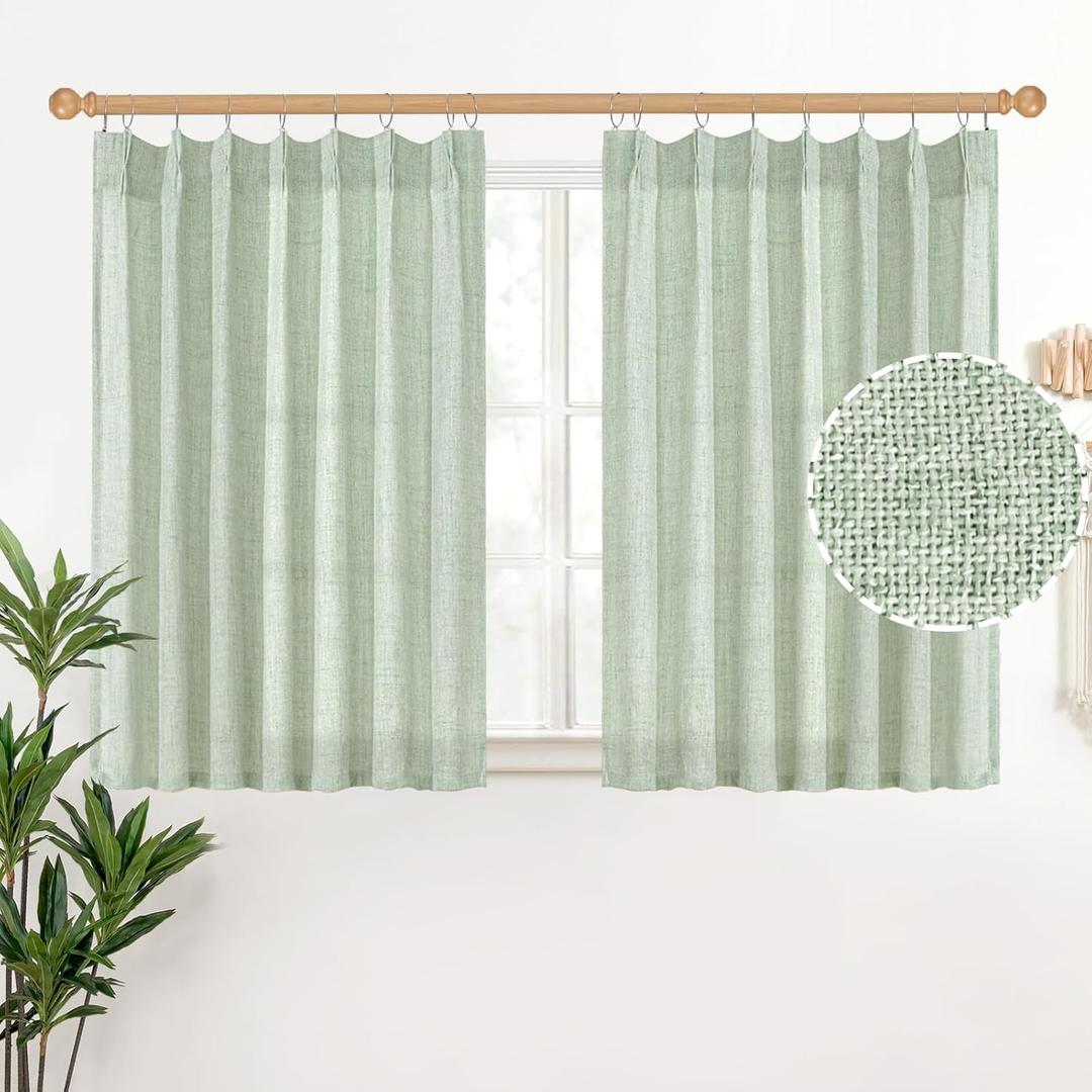 YoungsTex Sage Green Linen Semi Sheer Curtains 40 Inch Length for Kitchen Window, Short Light Filtering Drapes with Back Tab for Cafe Bathroom, 2 Panels, 40 X 40 Inch