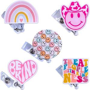 5 PC Cute Nurse Badge Reel Retractable Name Tag ID Clip Holder Retro Pink Cowboy Smiley Face Be Kind Heart Rainbow for Nurses Nursing Student RN Pediatric Teacher Funny Office Work Accessories
