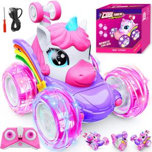 Motivekit Unicorn Remote Control Car Toys for Girl - 360 Rotating Pink RC Stunt Cars 4WD Remote Cars for Kids, 2.4GHz Toy Car with LED Lights, Birthday Gift for 3 4 5 6 7 8 9 Year Old Girl