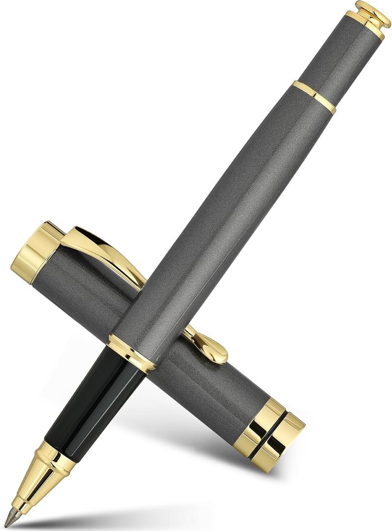 BEILUNER Ballpoint Pens, Stunning Grey Chrome Metal Pen with Golden Trim, Fancy Ball Pen Gift Set for Men & Women, Professional, Executive, Office,Journal Pens-Gift Box with 0.5mm Black Extra Refill